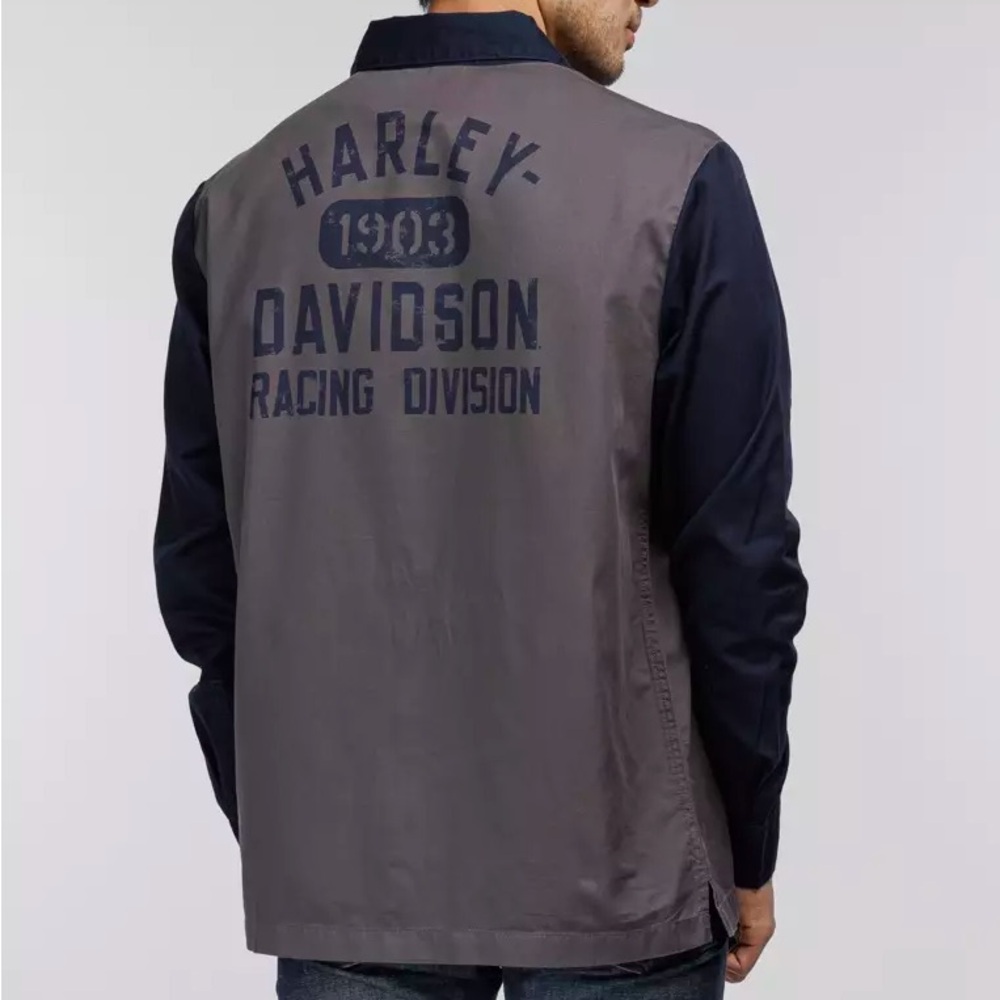 Harley Davidson Racing Shirt Long Sleeve Gray/Blue Color-block 2XL